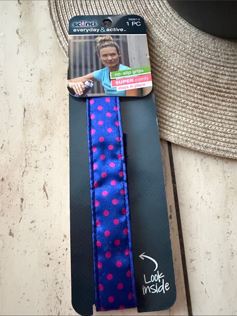 scunci blue headband with pink polka dots soft velvet inside